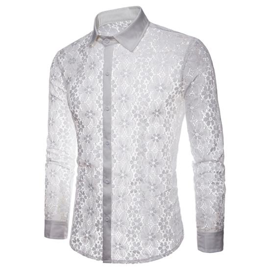 Men Sexy Long Sleeve Solid Color Lace See Through Clubwear Buttons Down Shirt