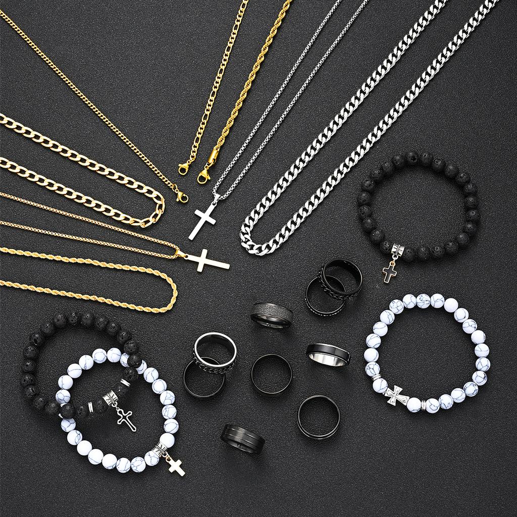 21 Pcs Cross Jewelry Set For Men Stainless Steel Volcanic Stone Beaded Bracelets Cuban Link Chain Necklaces Rings Multipack Gift
