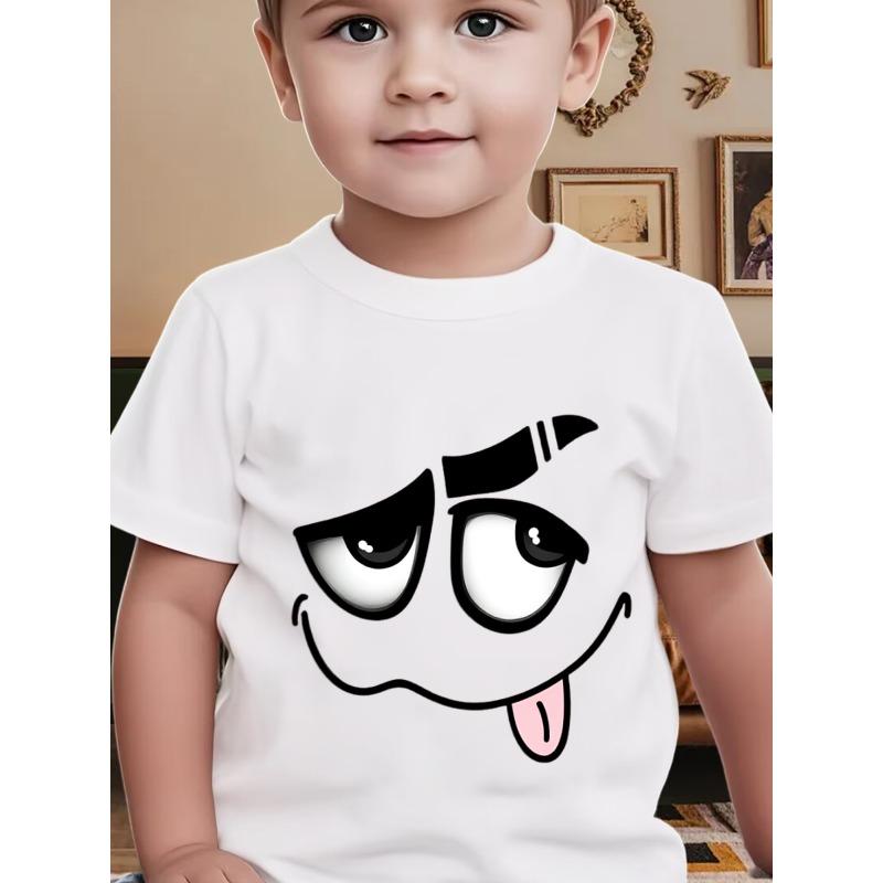 European Size Boys Round Neck Short Sleeved T Shirt with Fun Face Pattern