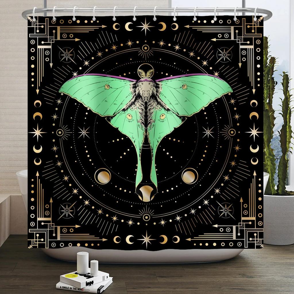 Moth Shower Curtain Moon Phase Butterfly Mushroom Psychedelic Tarot Gothic Shower Curtain for Bathroom Waterproof Bath Curtain
