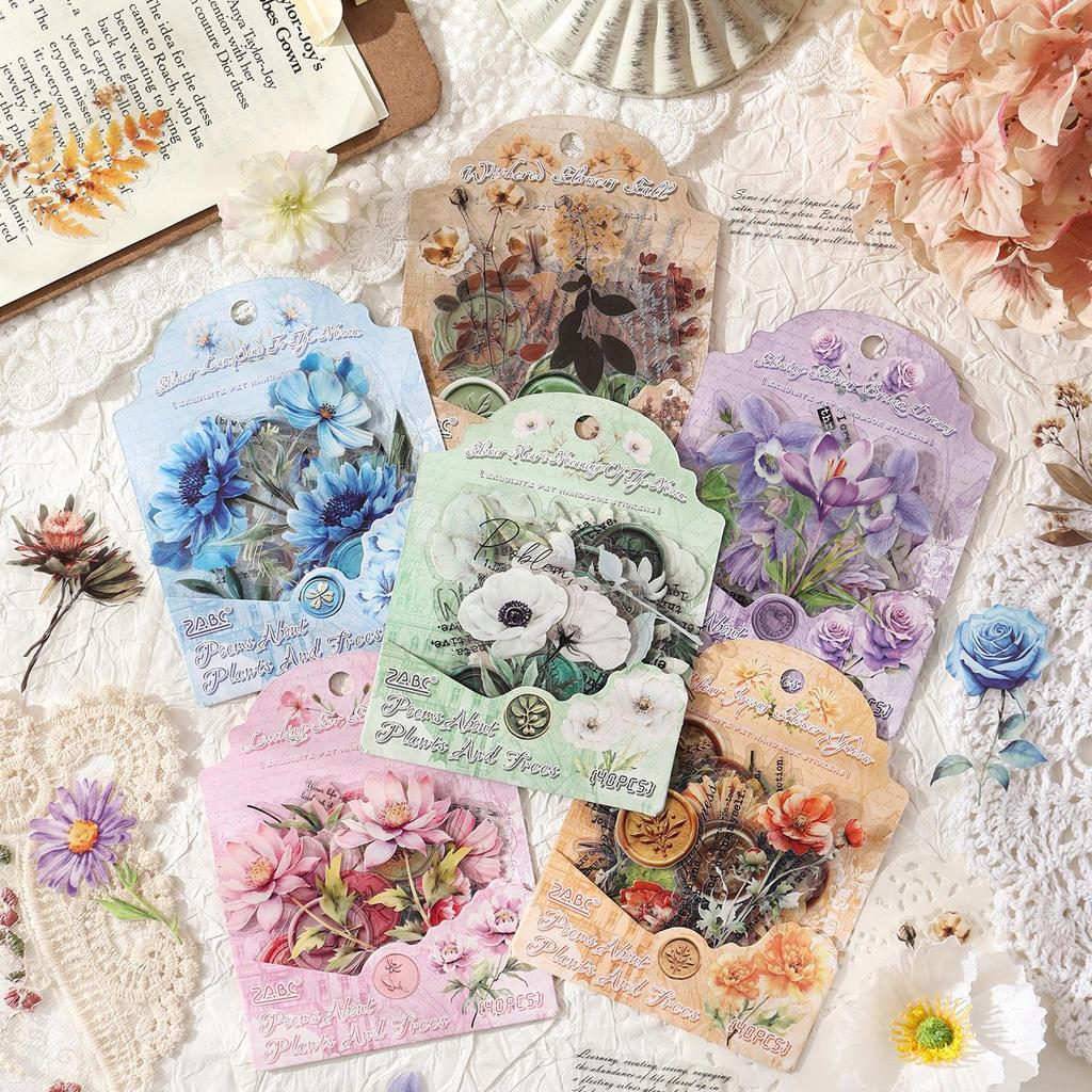 ZABC PET Sticker Pack - Herb Poetry Series: 40 Floral Theme Sheets, 6 Styles
