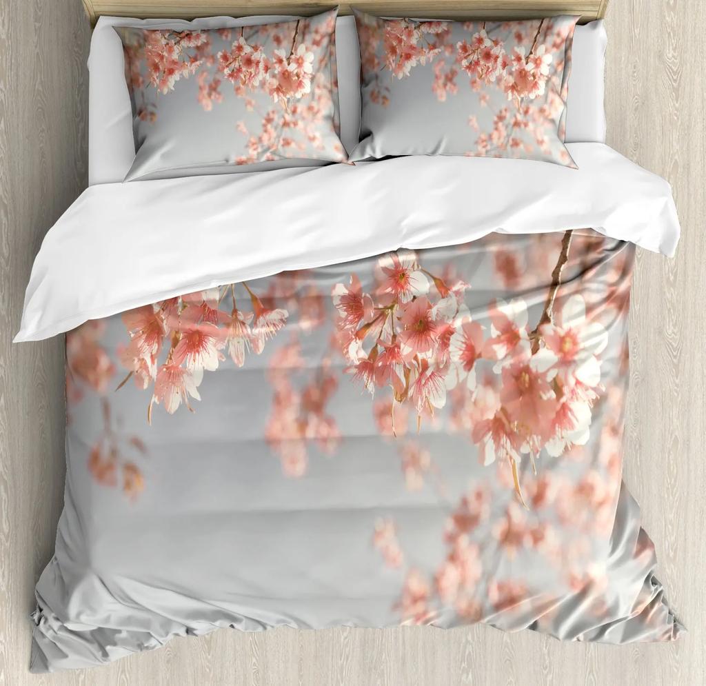 Japanese Duvet Cover Branch of  Flourishing Sakura Tree Cherry Blossoms Spring Theme Art Pink Decor Dark Brown for Women Gifts