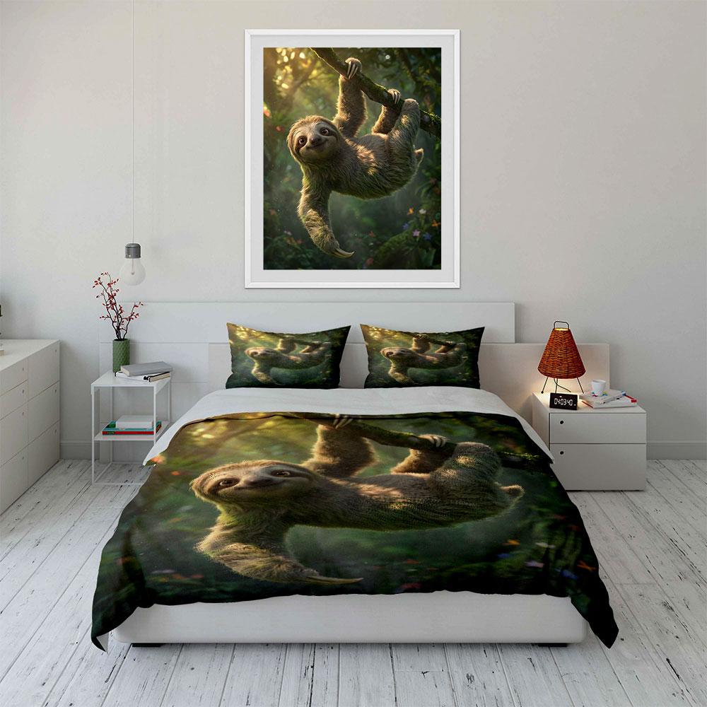 Sloth Climbing On Tree Bedding Set for Kids Luxury Gift 3pcs Digital Print Comforter Set Soft Comfortable Breathable