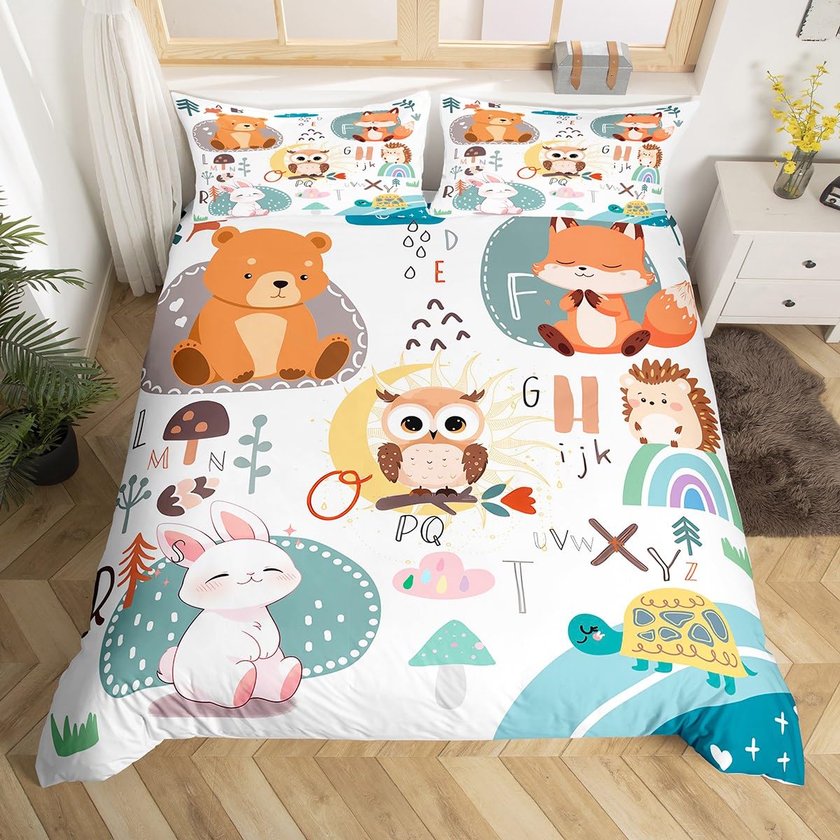

English Alphabet Comforter Cover Cute Animals Bedding Set for Kids Boys Girls Number Colorful Duvet Cover with 2 Pillowcases EU Single(135x200cm)