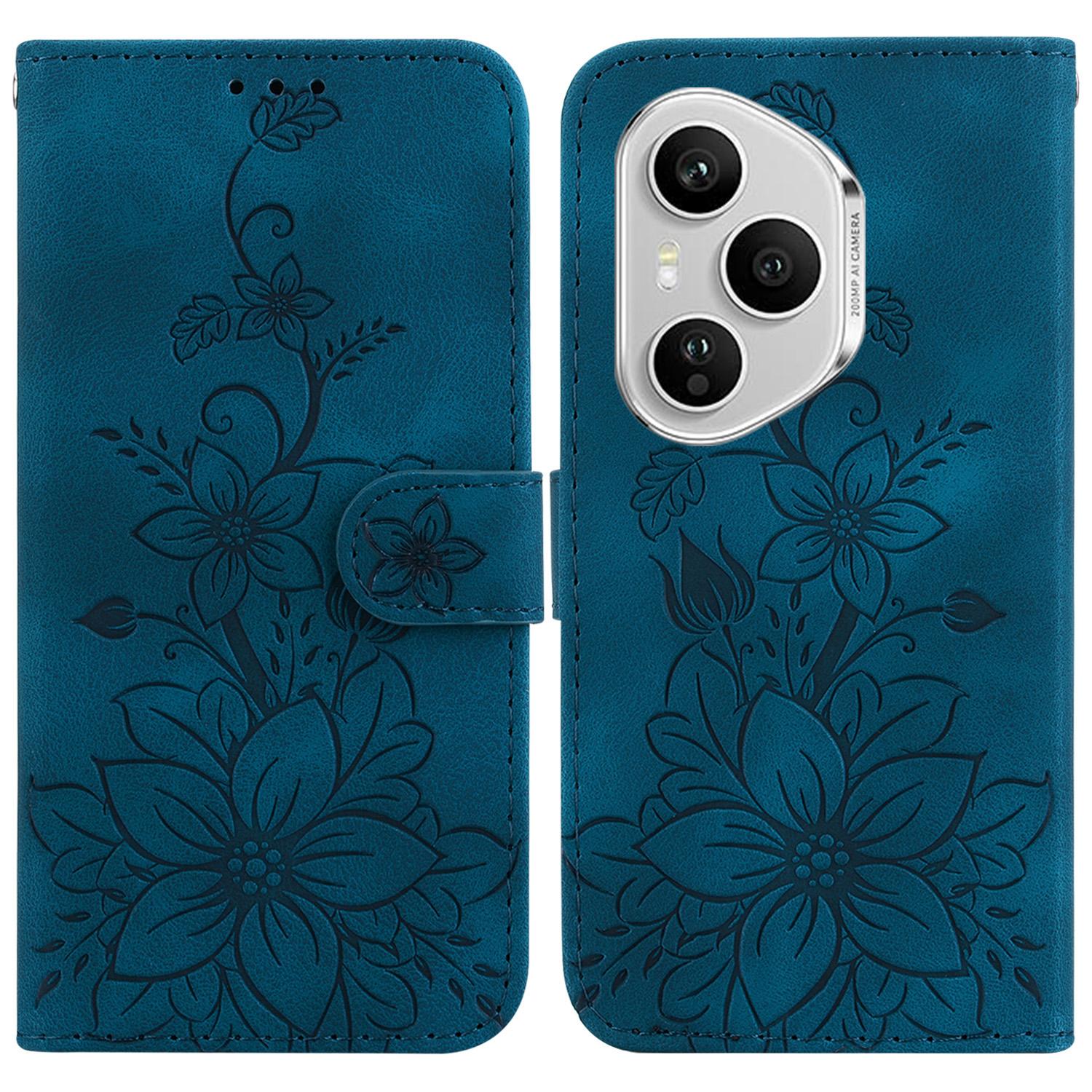 

For Honor 400 Pro 5G (Global) Stand Case Lily Flower Imprint Leather Phone Cover with Wrist Strap Dark Blue