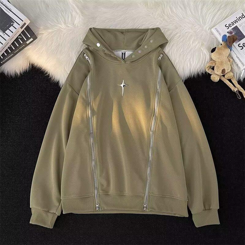 

American trendy brand retro solid color hooded sweater men s commuter design sense niche metal buckle double zipper top hoodie 2XL зелений