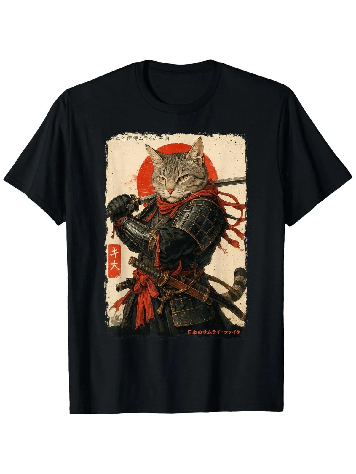 Samurai Cat Warrior Graphic T-Shirt Japanese Ukiyo Ink Art Tee XXL