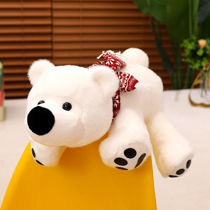 Cartoon Big Nose Polar Bear Plush Toy, Cute Lying Down Stuffed Animal with Scarf, Soft White Bear Doll Gift