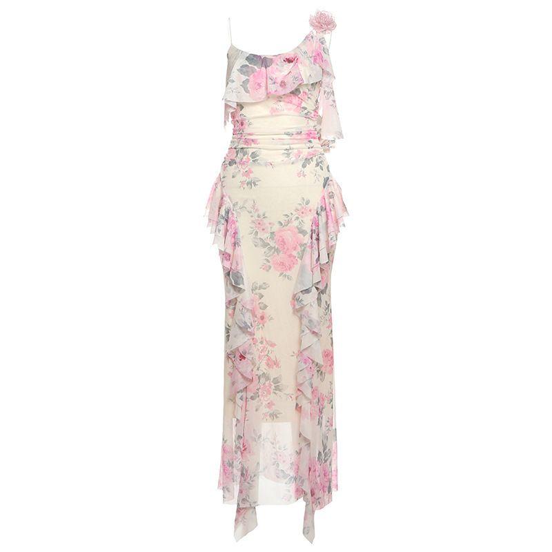 

Fashion 2025 Spring New Arrival Women s Clothing French Sexy Ruffles Flower Decoration Print Mesh Camisole Dress Pink L