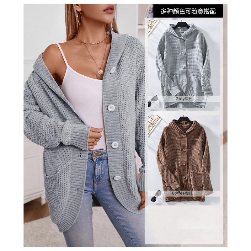 Long Sleeve Hooded Knit Cardigan Sweater Women Vintage Loose Button Front