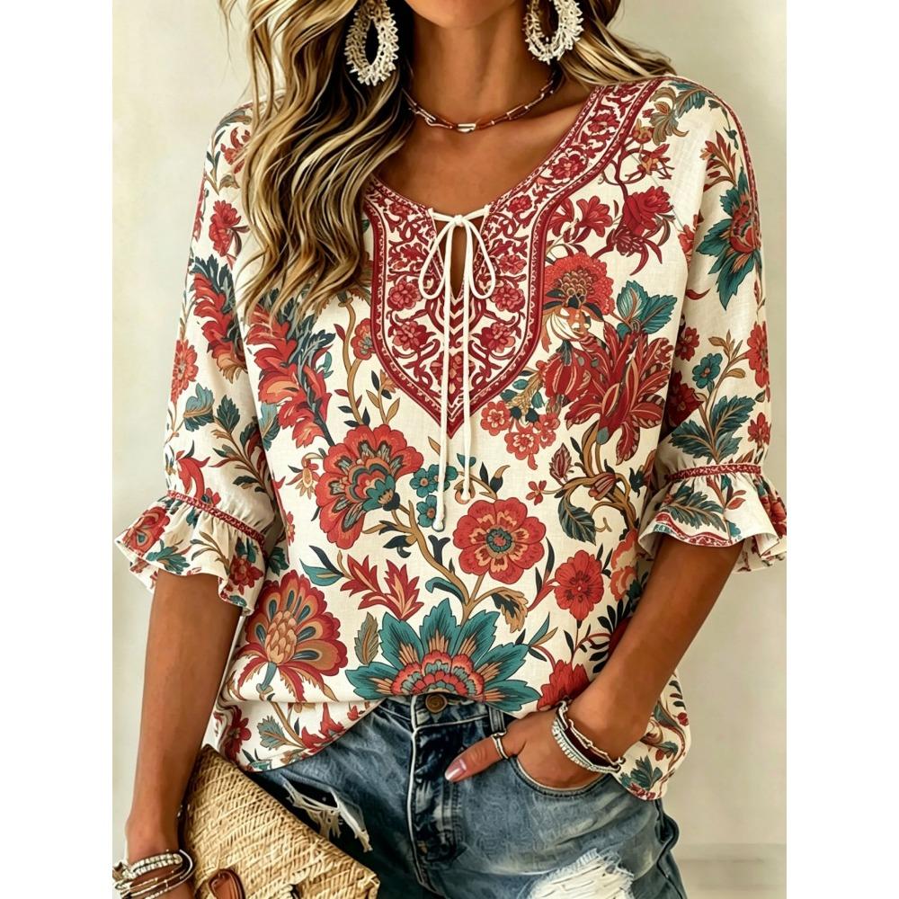 Women's Beige Multicolor Floral Print Tie Neck Blouse, Casual Loose Tops for Spring Summer Daily Wear & Vacation Occasions