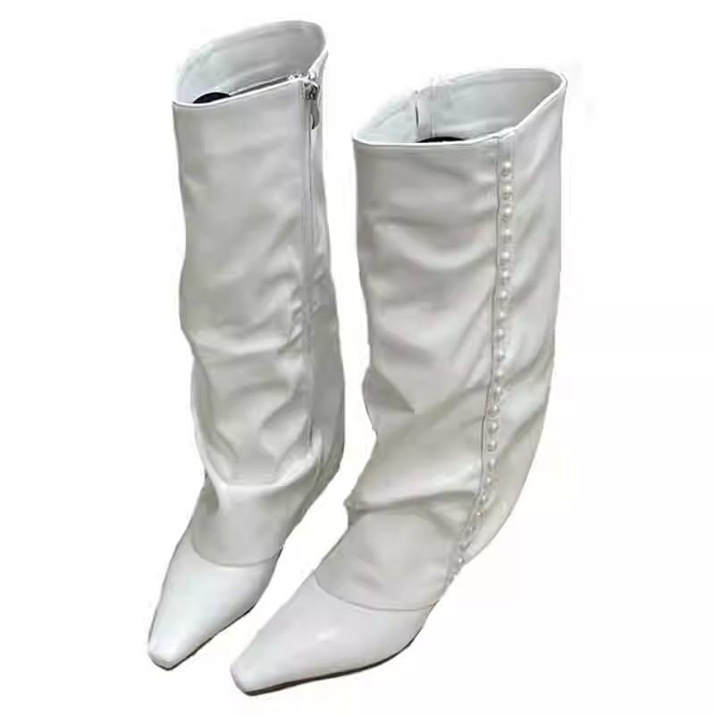 Huge legs! White trouser boots high heels Spice girl knight boots pointed toe slope heel high tube but knee boots women