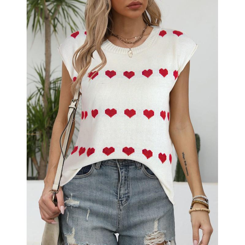 Womens Loose Fit Knit Top With Embroidered Heart Round Neck Short Sleeve Sweater In Acrylic Casual Office Style