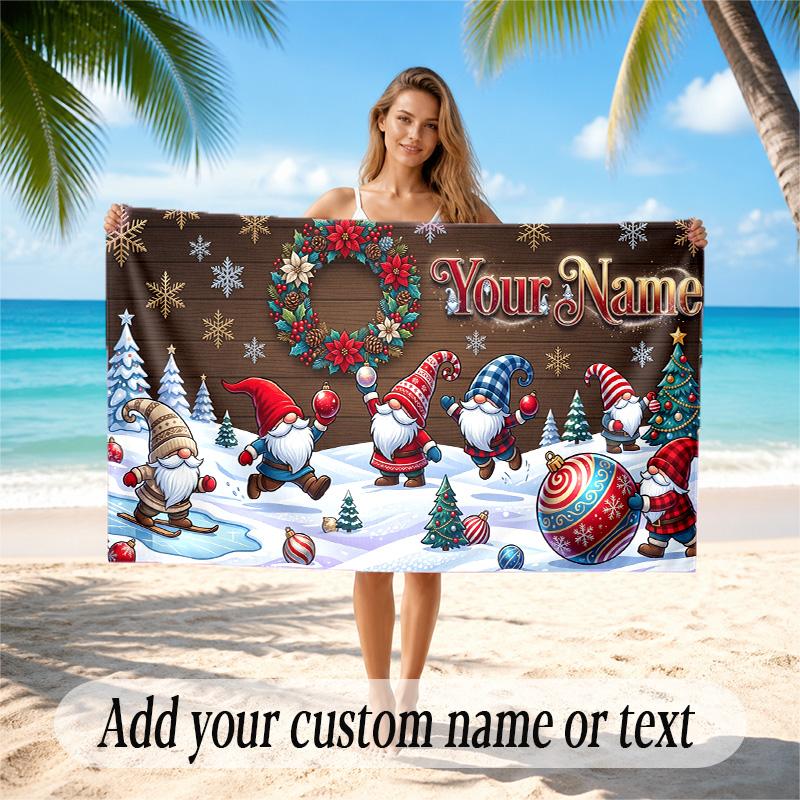 Toalla de Playa Secado Rápido Tema Navideño Impresión de Nombre y Texto Personalizado Toalla Grande Resistente a la Arena Vacaciones en la Playa