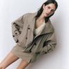 Womens Short Trench Coat Casual Loose Workwear Jacket Stand Collar Double Breasted Drawstring Hem Solid Color