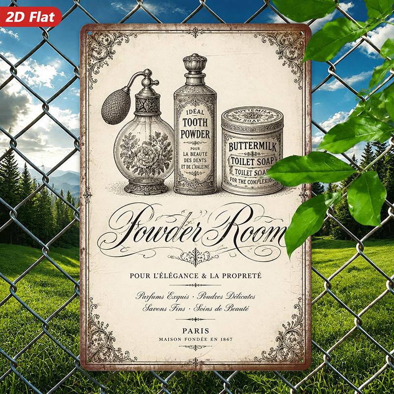 Vintage Powder Room Metal Sign with Perfume Bottle, Tooth Powder, and Buttermilk Soap