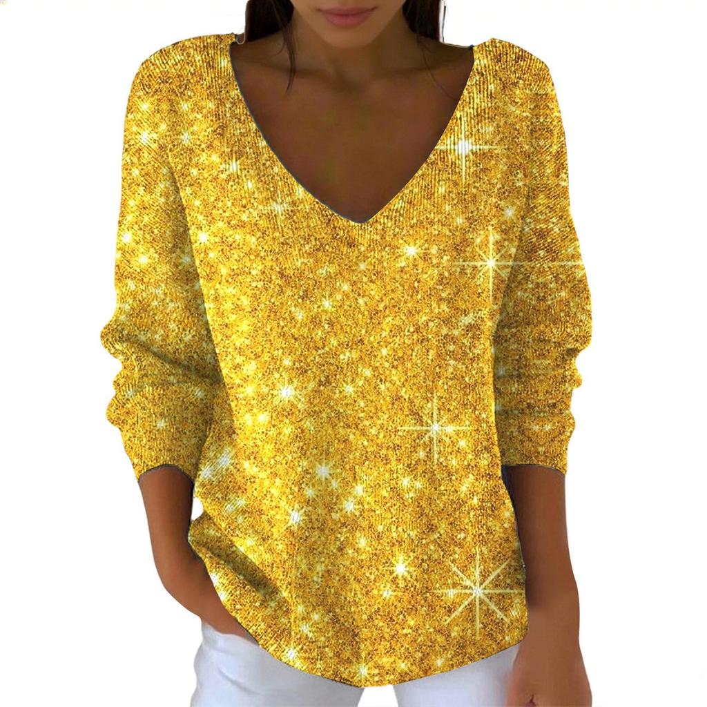 Women's Casual Daily Long-Sleeved V-Neck Faux Sweater Knitted Pullover Top With Sequins