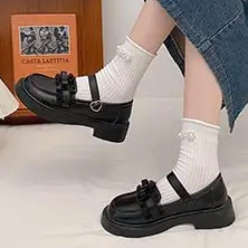 2024 Hot Sale Ladies Shoes One-word Buckle Women's Pumps Autumn Round Toe Solid Butterfly-knot Chunky Heels Mary Jane Pumps