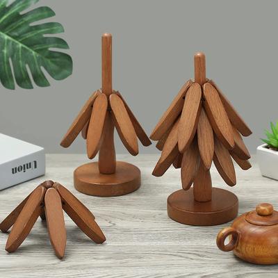 Wooden Trivets for Hot Dishes, Tree Shape Trivet Set, 4 Wood Placemats 1 Stand Stored Like a Christmas Tree,Foldable Kitchen Wooden Trivet