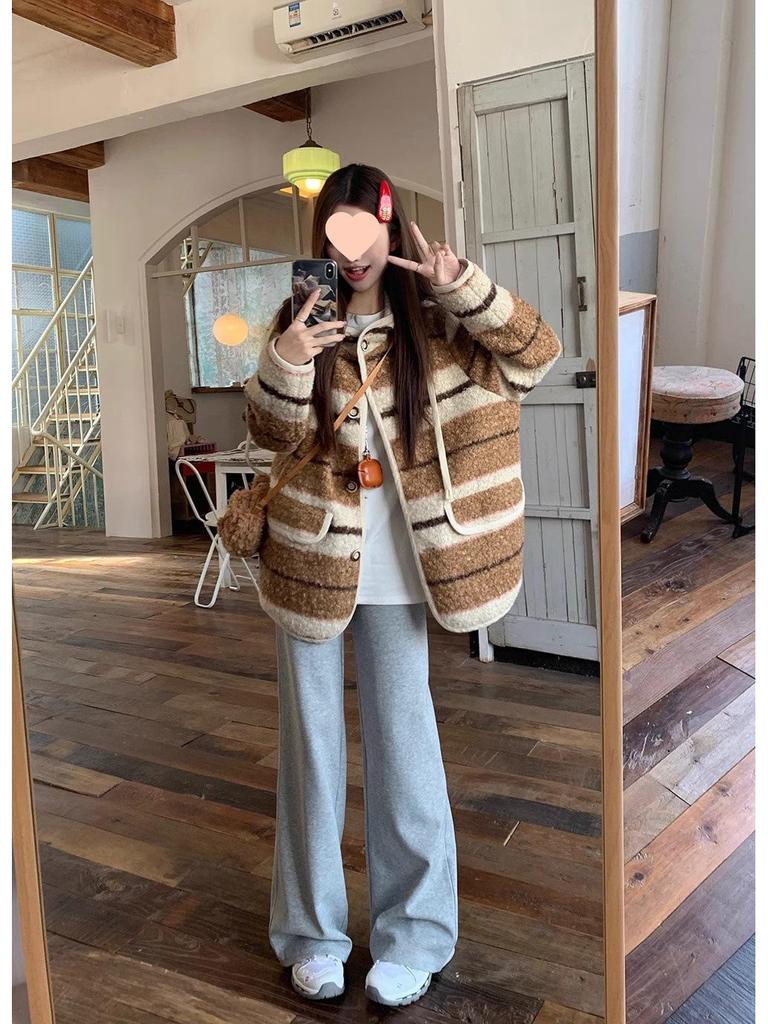 Women’s Korean Retro Striped Hooded Faux Lambswool Coat - Winter Loose Fit Cardigan with Long Sleeves