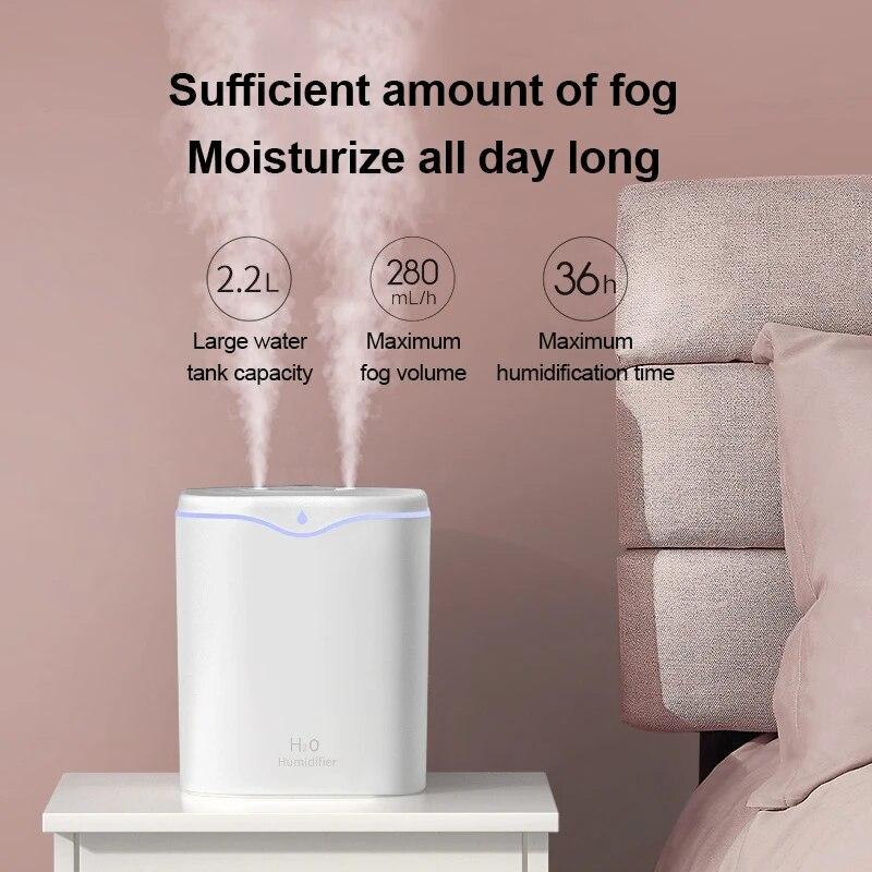 2L Dual Spray Humidifier USB High Mist Household Night Light Air Purifier Silent 24 Hours Moisturizing and Moisturizing Mister
