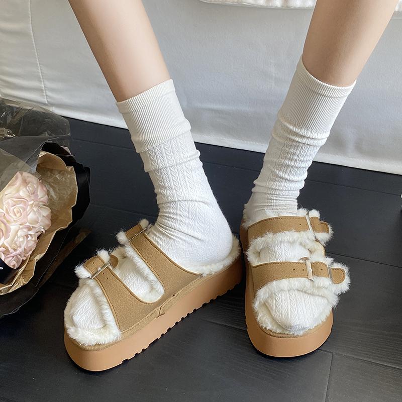 Fashion Aphixta Luxury Platform Furry Slippers Women Warm Slippers Shoes Buckle Design Fur Insole Women Winter Footwear Size 42