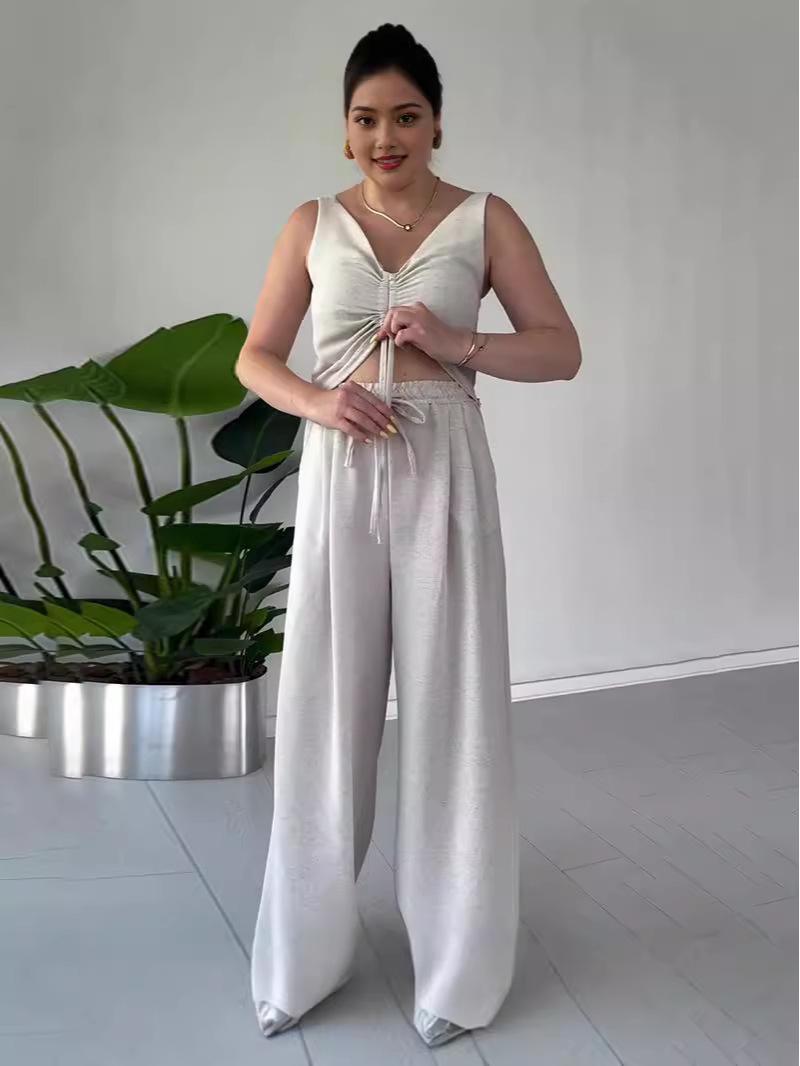 

2024 Женская Мода Повседневный Комплект Удобных Брюк Однотонного Цвета на Кулиске XS белый