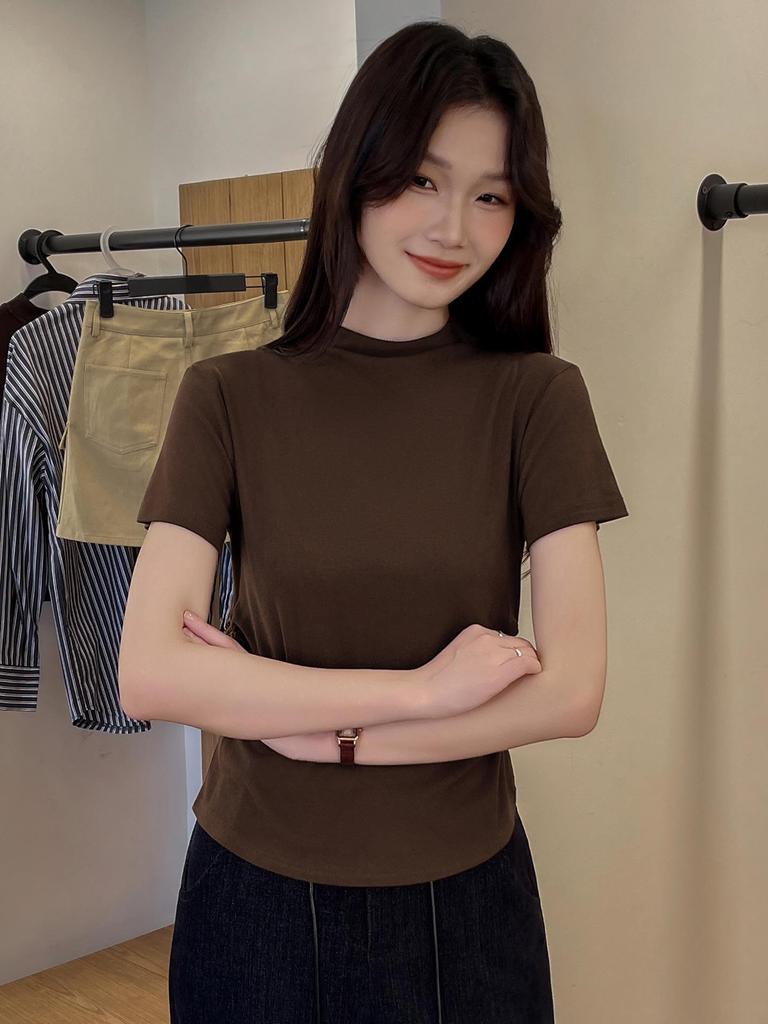 YB536# Women's Minimalist Half High Neck Slimming Solid Color Short Sleeve Shirt
