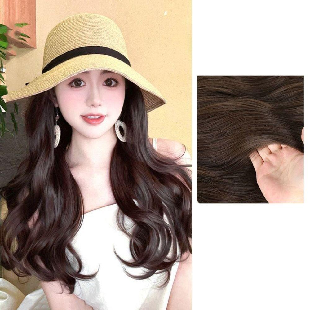 Sun Visor Bowknot Straw Hat Wig Bucket Hat Fisherman Hat Wig Sweet Long Curly Wave Hair Wigs  Women