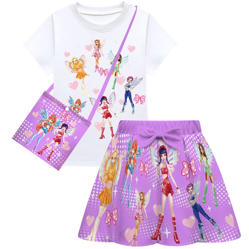 Kids Girls Cartoon Princess KATSEYE Print Short Sleeves T-Shirt Skirt Bag Set
