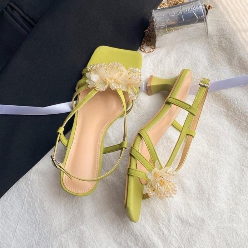 Fashion Summer New Temperament Flower Sandals Women's Comfortable and Versatile Design Outside Wear Square Toe High Heels