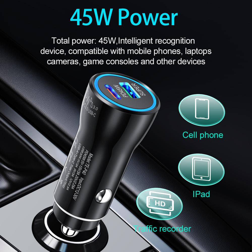 QC3.0 45W Car Charger USB Type C Dual Port Fast Charging Car Power Adapter Universal Phone For Samsung For iPhone Series ect.