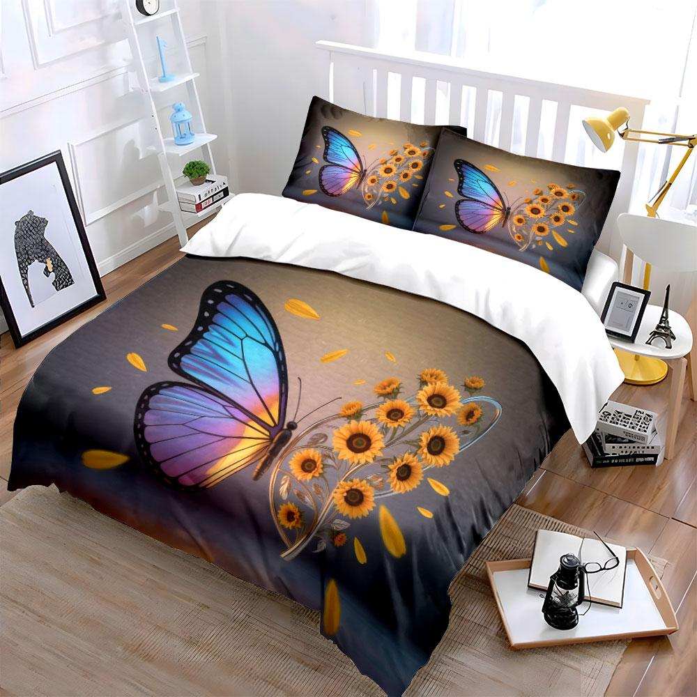 Butterfly Sunflower Art Decor Set Bedding Set with 1 Duvet Cover 2 Pillowcases Single Double King Queen, Gift
