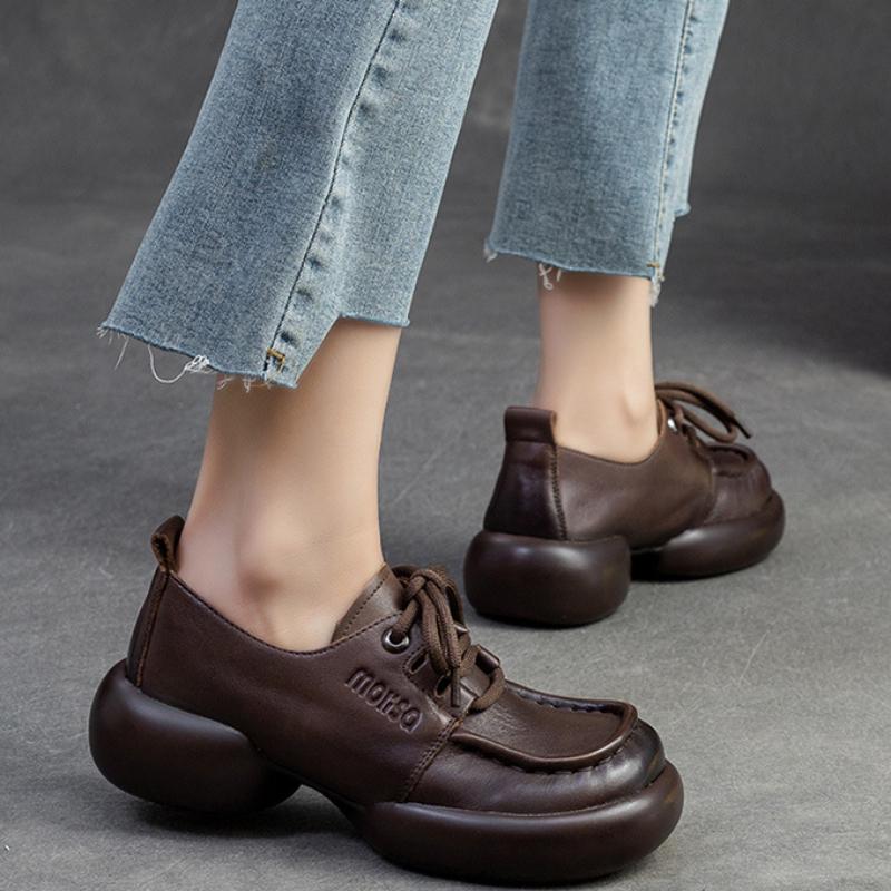 Johnature Genuine Leather Retro Handmade Thick Sole Versatile Pumps Casual Lace-up Women's Shoes