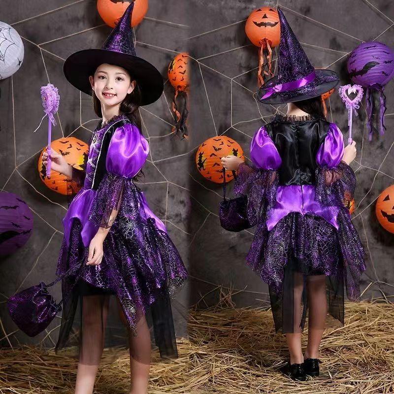 Costume de Sorcière Fille Thème Jeu Avec Tulle Pour Enfants Halloween Cosplay Robe