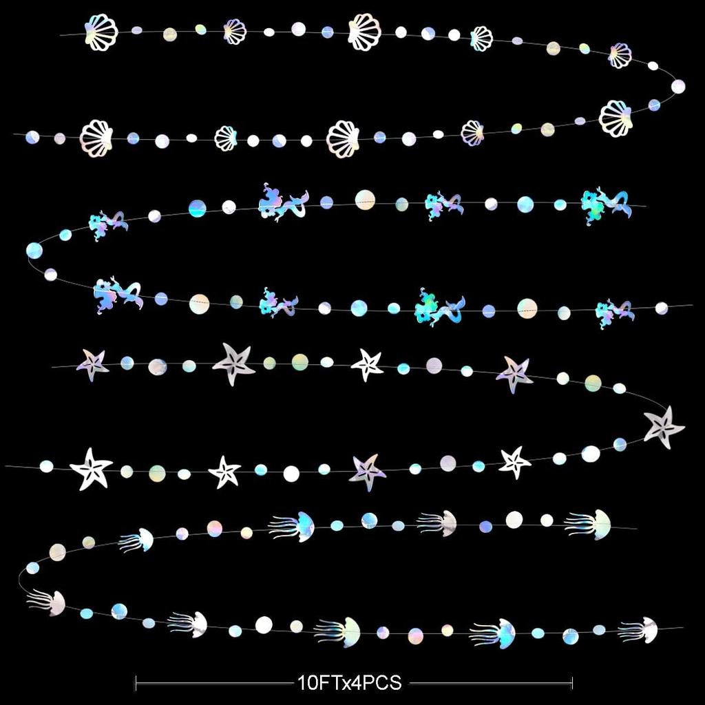 40 Ft Iridescent Mermaid Garland with Jellyfish Seashell Starfish Pearl Holographic Paper Streamer for Little Mermaid Rainbow Theme Birthday
