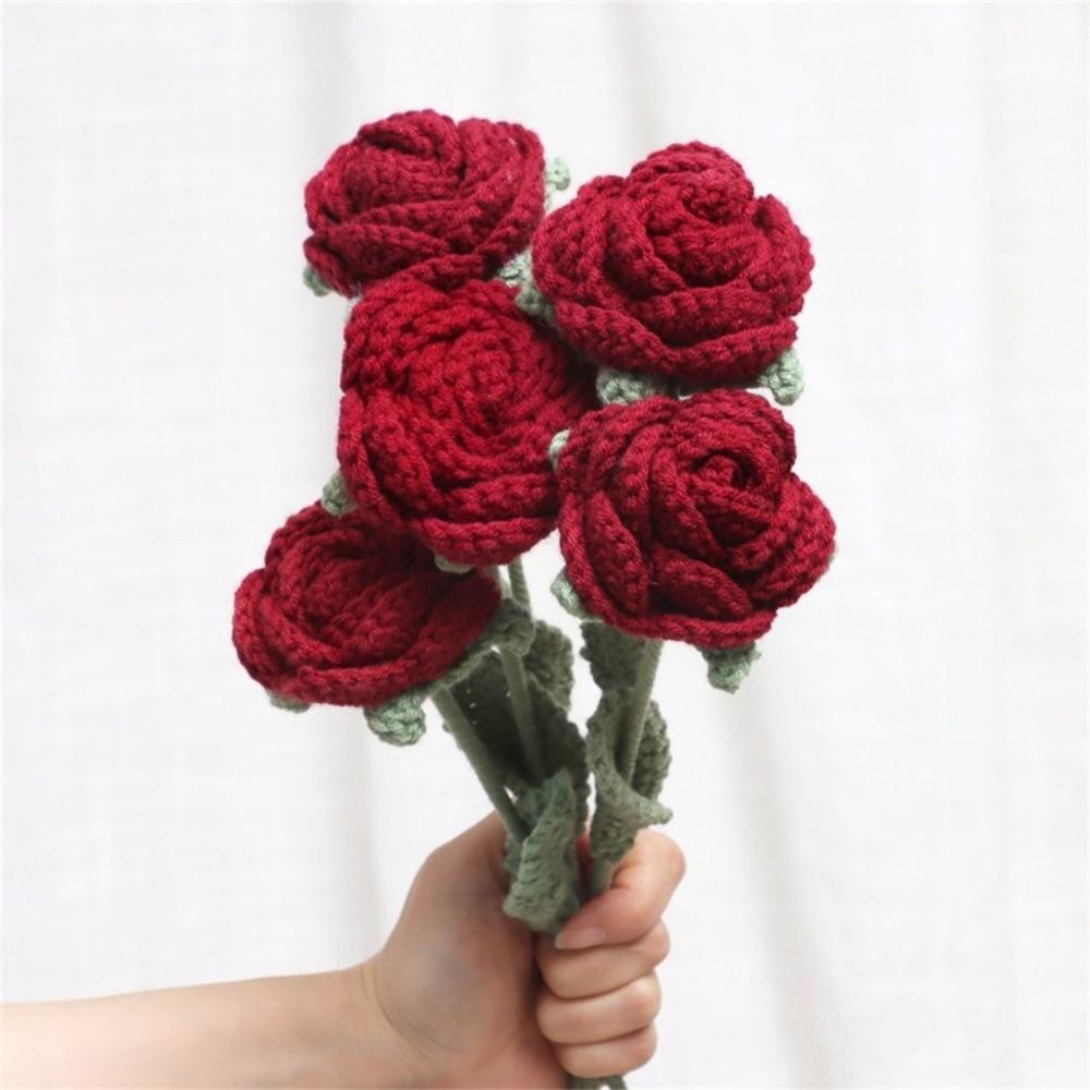 1/5/9pcs Hand Knitted Fake Rose Flowers Crochet Woven Rose Flower Bouquet  Mother's Day