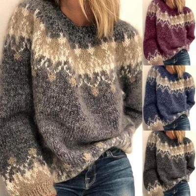 European American Style Autumn Winter Jacquard Fashion Loose Knitted Mohair Sweater for Women