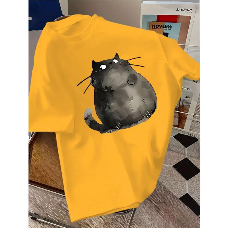 European sizes This Loose-Fitting Summer T-Shirt Features a Cute Cartoon Black Cat Design, Suitable for Both Children