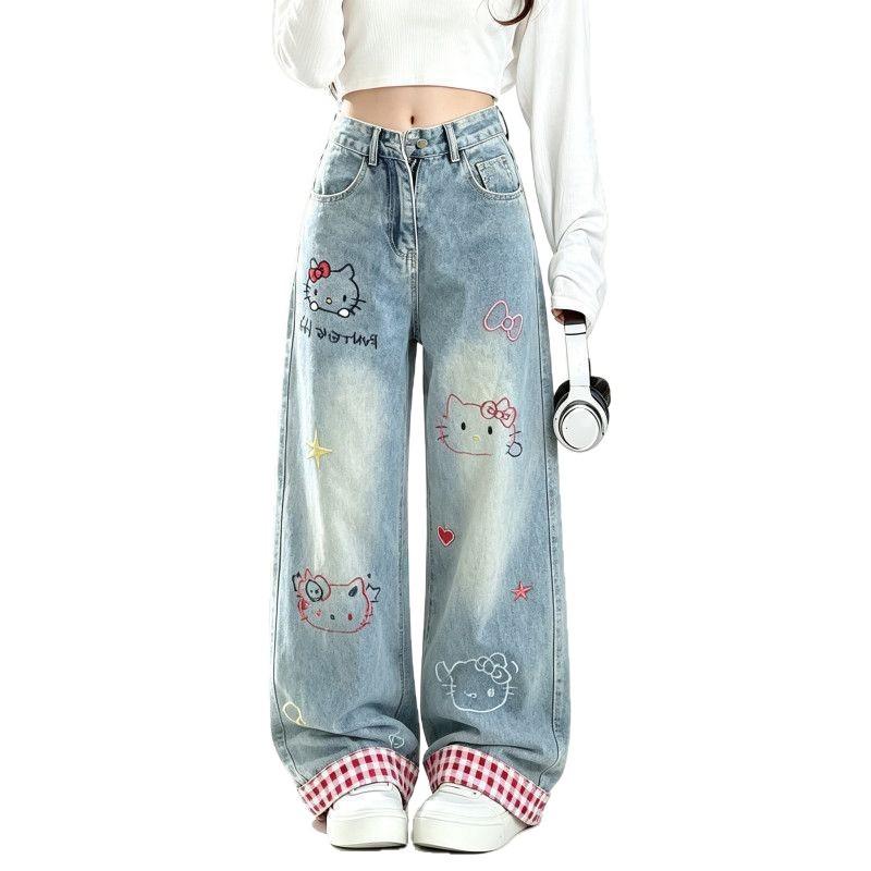 Womens High Waist Wide Leg Jeans Kitty Embroidery Loose Fit Casual Denim Pants 2026