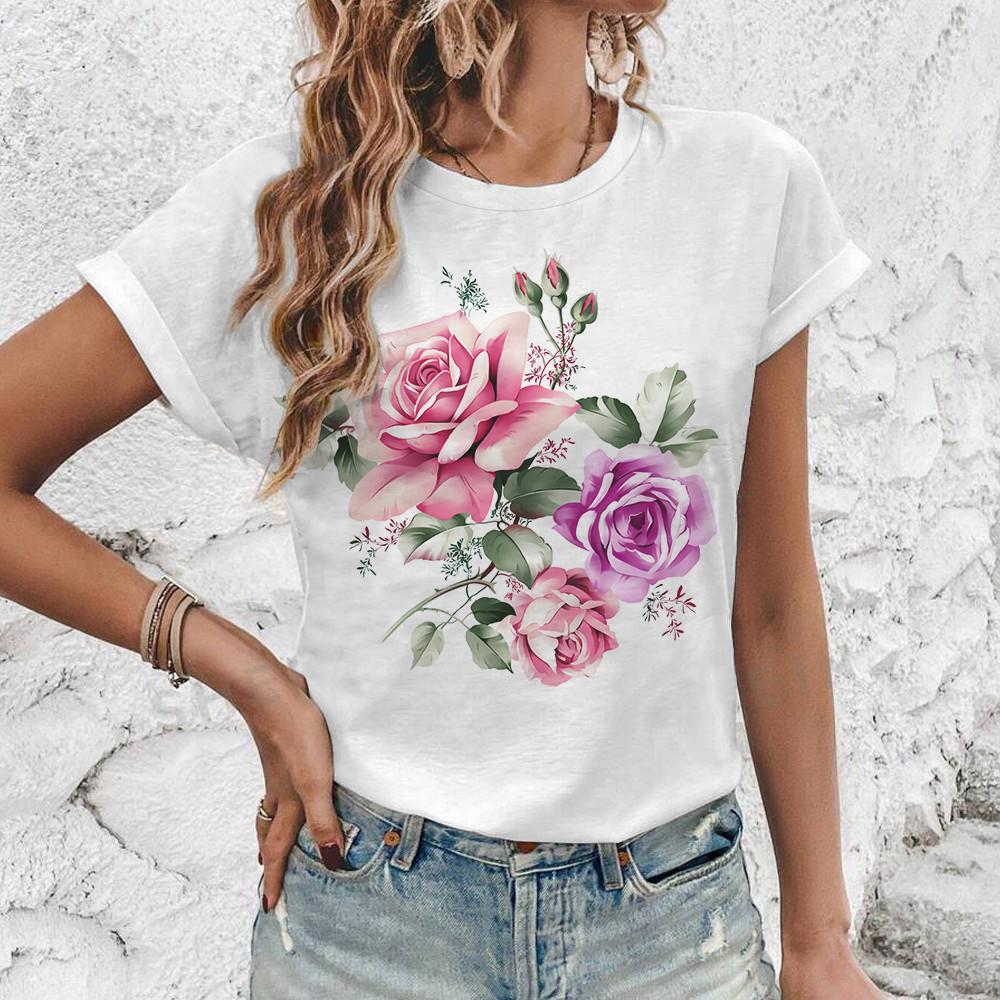 Elegant Vintage Style Flower Print T-shirt Top Summer Loose Breathable Women's T-shirt Fashion New Round Neck T-shirt