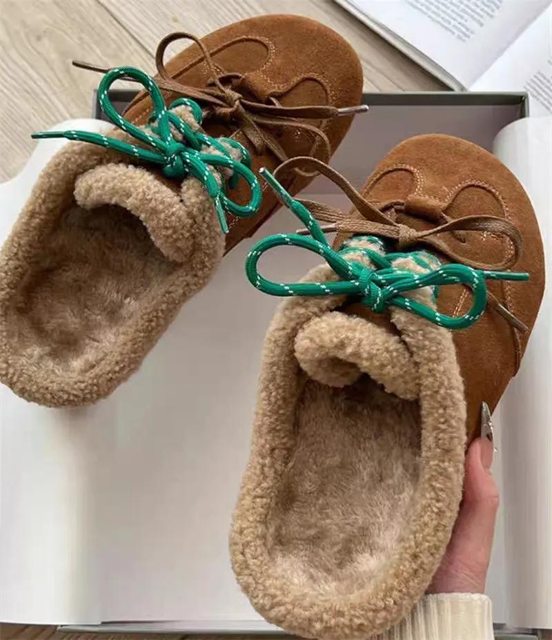 Thick Soled Retro and Fuzzy Fur Shoes for Women, 2025 Winter New Fashion, Wearing Cotton Slippers with Toe Caps for Outerwear