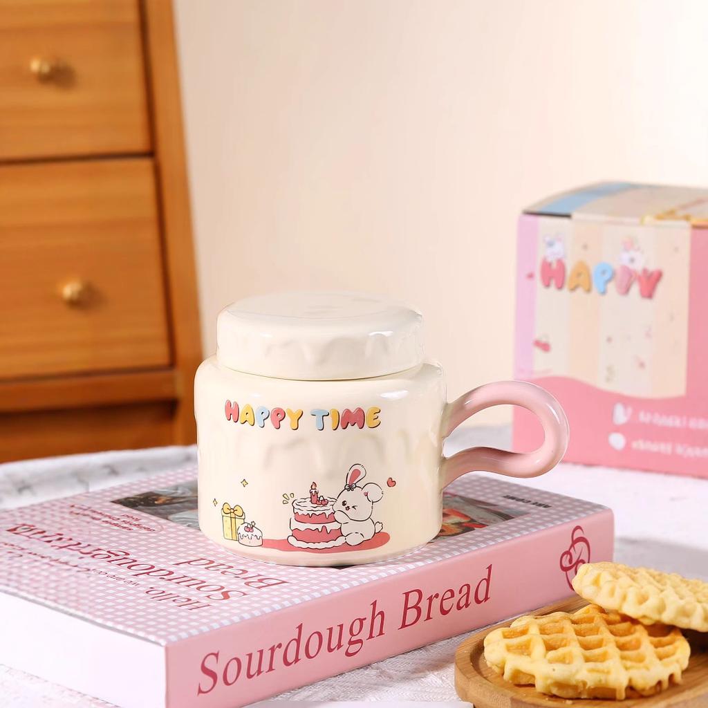 Birthday Gift Cartoon Mug with Lid Creative Ceramic Drinking Cup for Girls Office Household Milk Breakfast Cup