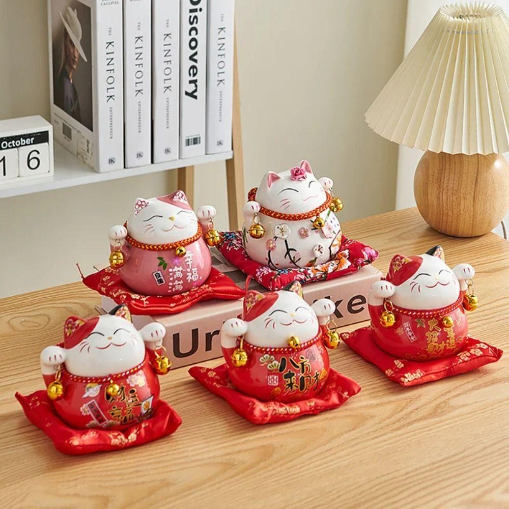 Bell Cat Money Bank Ceramic Desktop Decoration Crafts Fortune Cat Piggy Bank  Office