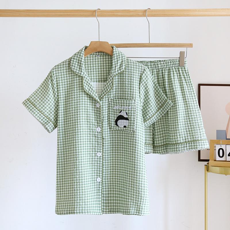 Jednoduché kostkované pyžamové sety pro páry Šortky Pánské Dámské Oblečení na spaní Krátký rukáv Dvojitá gáza Mačkaná bavlna Domácí oblečení