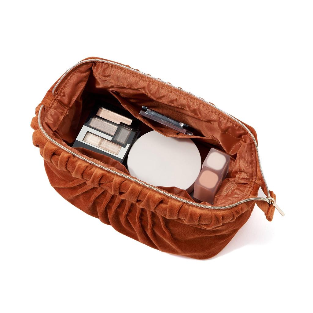 Francfranc Velvet Pleated Wire with Makeup Cosmetic Storage Pouch, Orange, Pockets, Pouch,