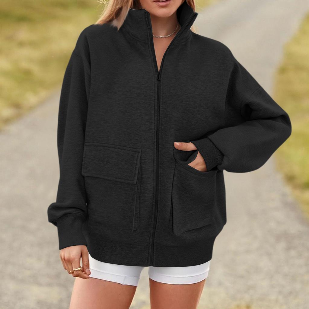 Women's Fashion Solid Color Turtleneck Baseball Uniform Long Sleeve Zip Jacket