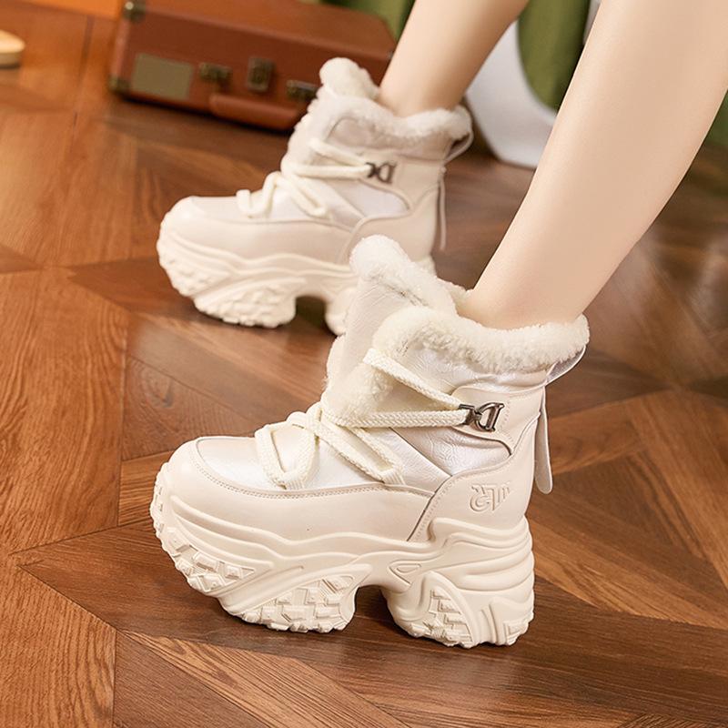 White snow boots women's 2025 winter new inner height increase women's shoes waterproof and velvet warm thick-soled versatile cotton shoes