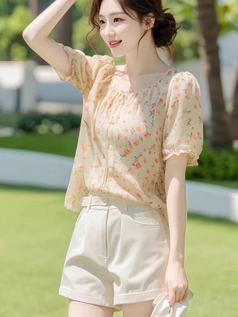 New light luxury high-end French shirt temperament top chiffon floral short-sleeved shirt women's summer