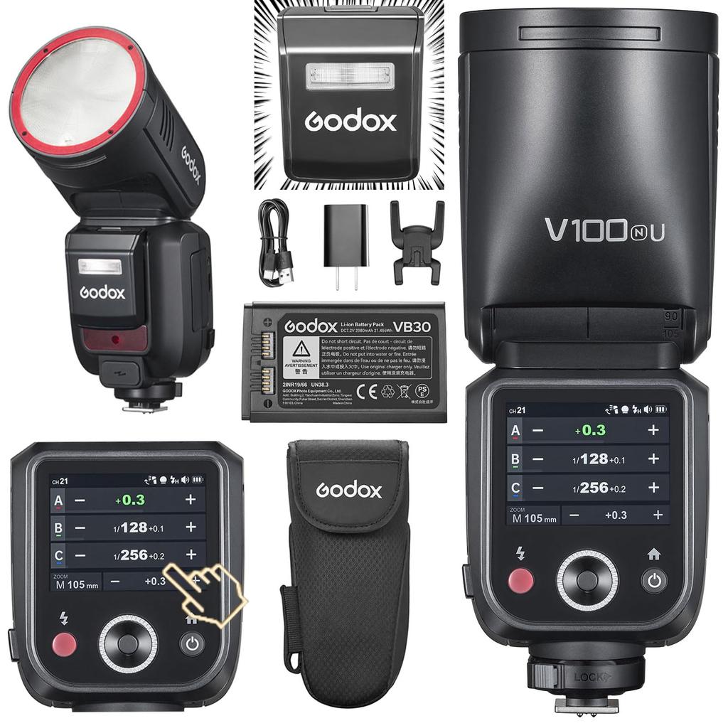 Godox V100N 100Ws Round Head Camera Flash Speedlite with External 400 Recycle LED Modeling TTL Touchscreen for Nikon V100-N Flash, 2.4G Wireless,